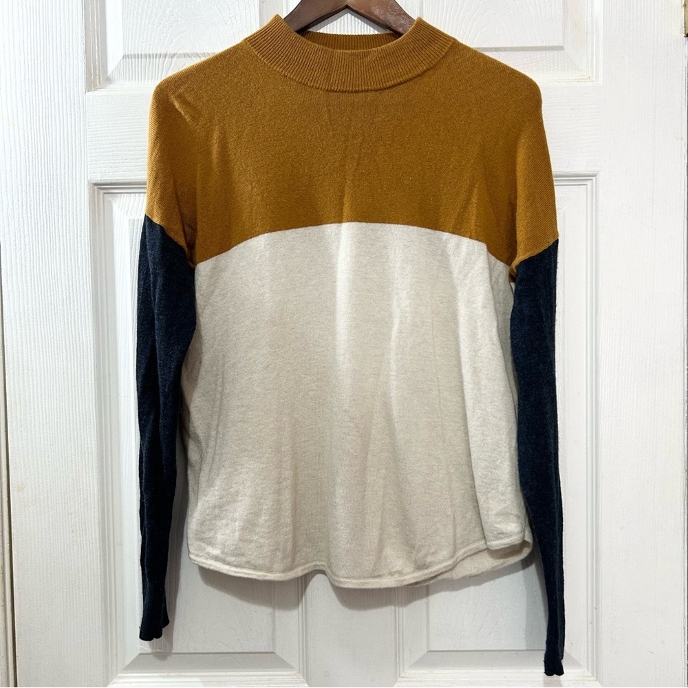 Madewell Colorblock Mock Neck Sweater Wool Blend Brown Cream Gray Size Small